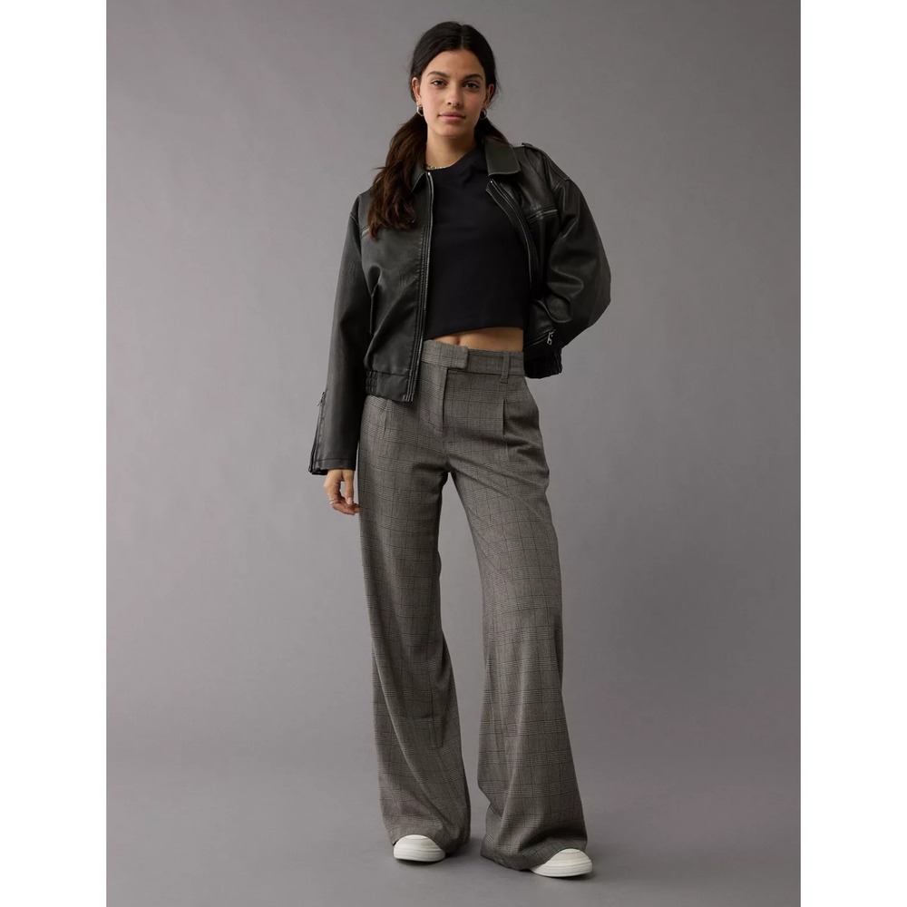 American Eagle Poppy Trouser Wide Leg Grey Plaid Academia Career Pant Size 12